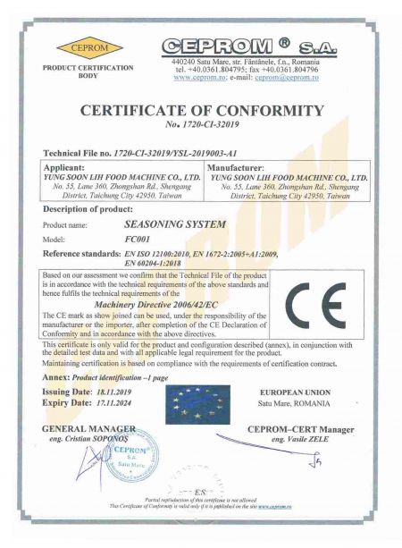 SEASONING SYSTEM CE certificate